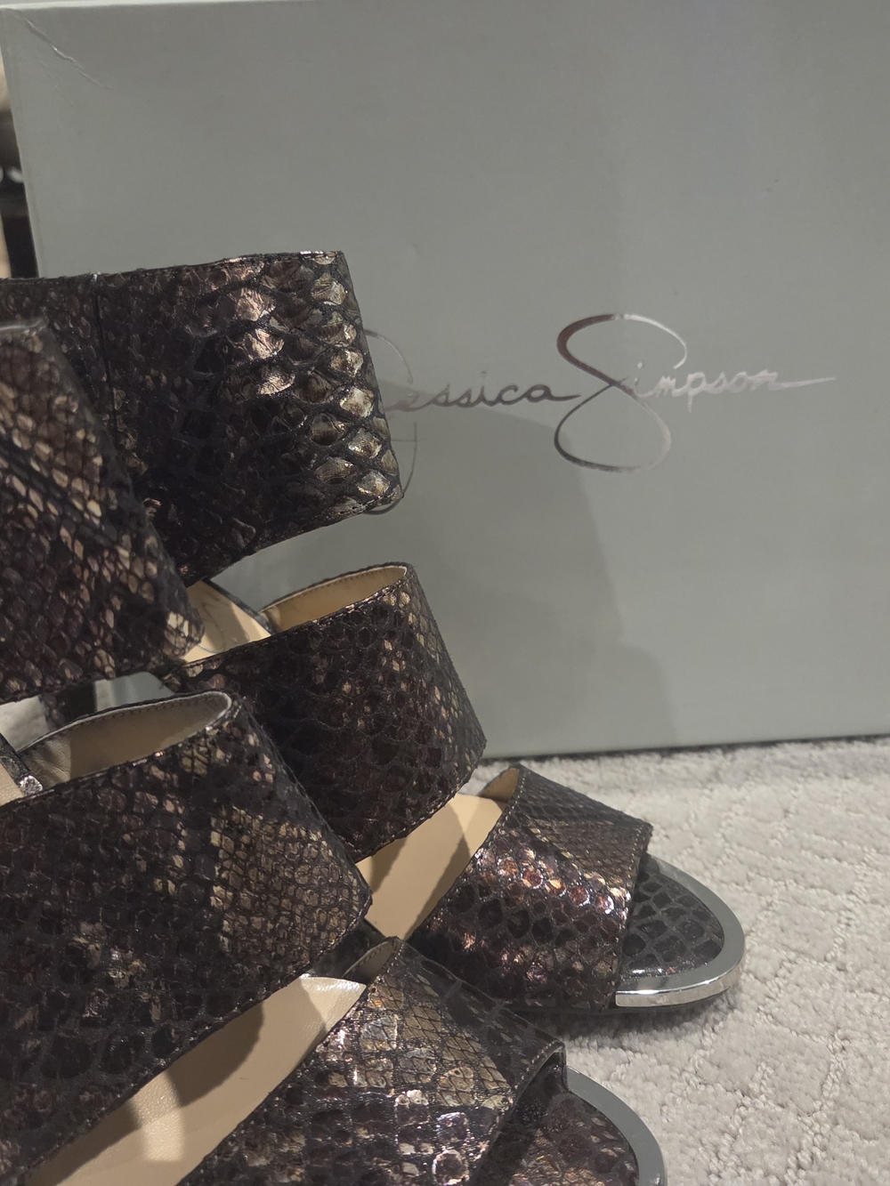 Jessica Simpson Metallic Snake-Print Strappy Sandals - Bronze Black